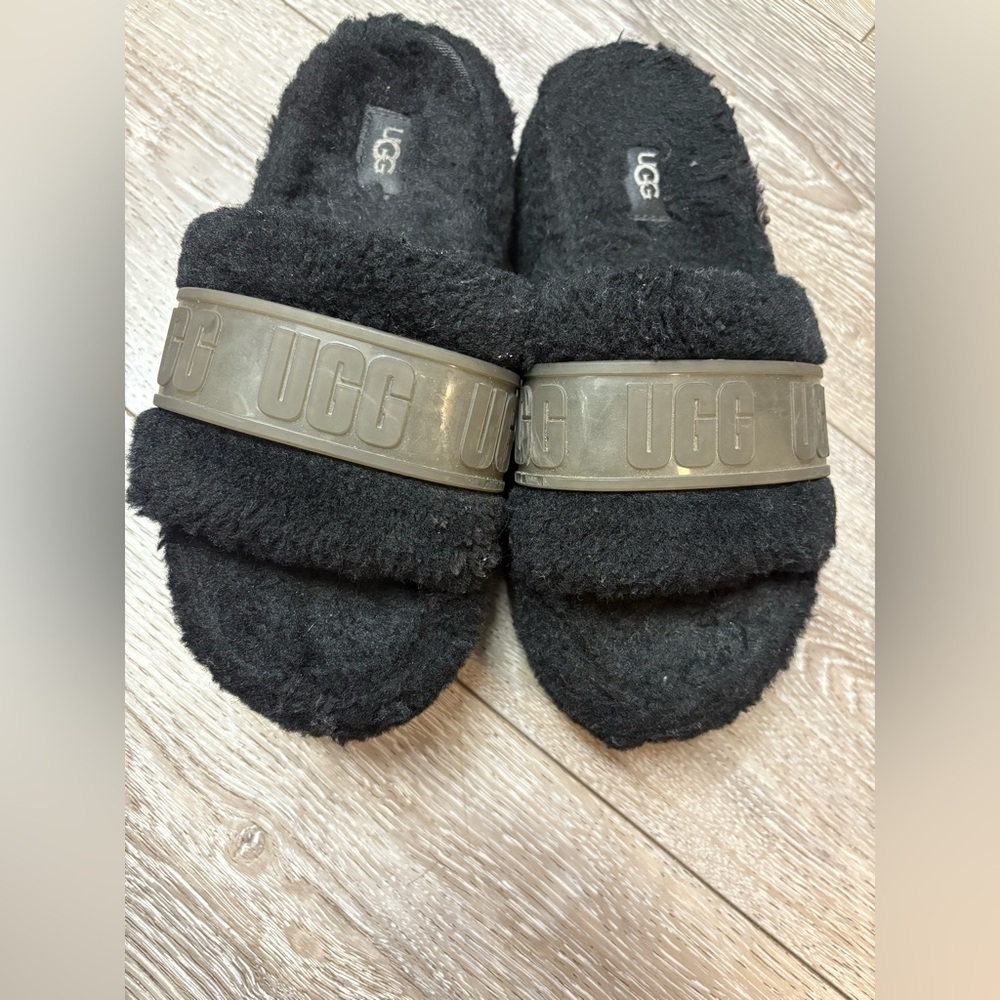 UGG Black Fuzzy Slides with Clear Sole - Picture 2 of 11